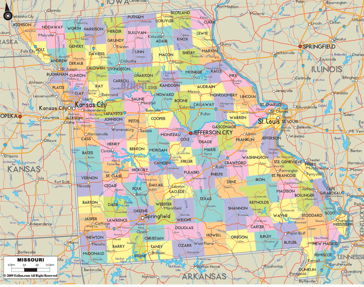 Detailed Large Map of Missouri State, USA Detailed large map of Missouri State, USA showing cities, towns, county formations, roads highway, US highways and State routes.