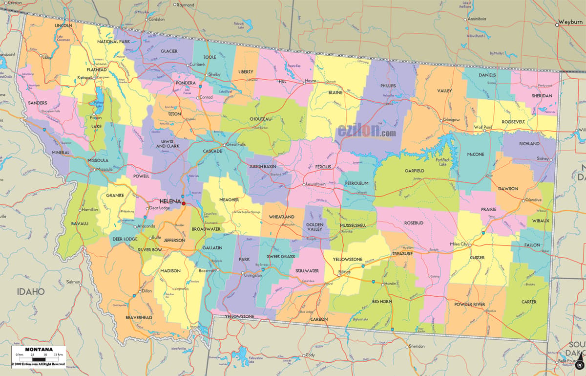 Detailed Large Map of Montana State, USA Detailed large map of Montana State, USA showing cities, towns, county formations, roads highway, US highways and State routes.