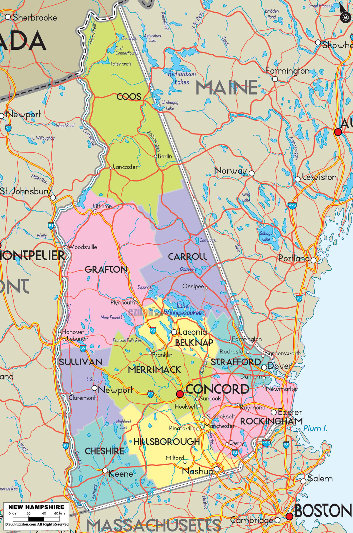 Detailed Large Map of New Hampshire State, USA Detailed large map of New Hampshire State, USA showing cities, towns, county formations, roads highway, US highways and State routes.