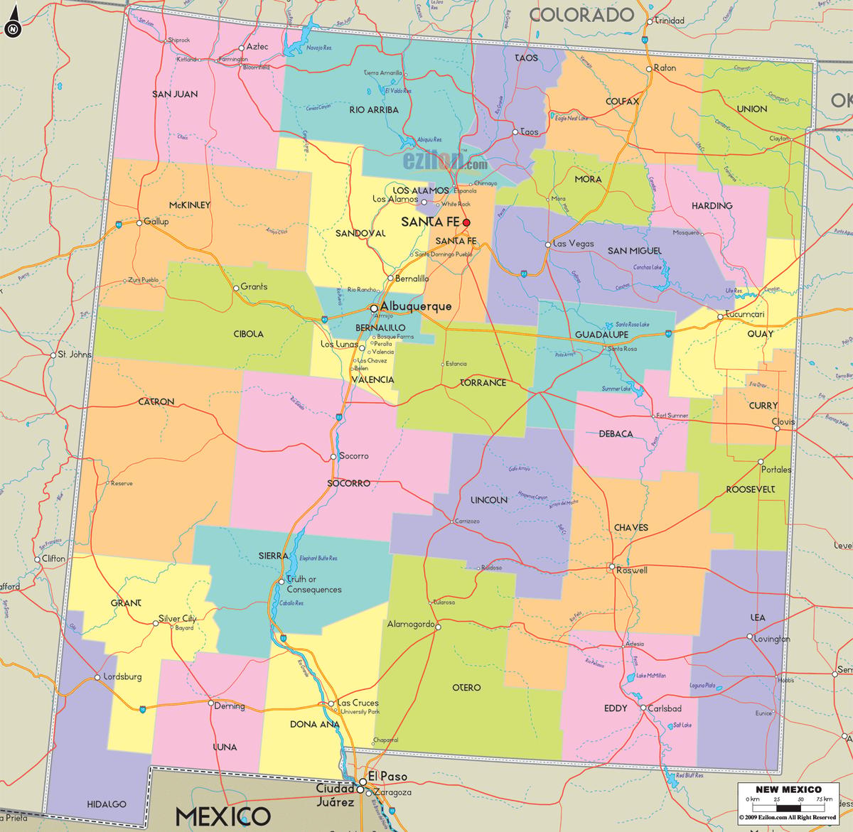 Detailed Large Map of New Mexico State, USA Detailed large map of New Mexico State, USA showing cities, towns, county formations, roads highway, US highways and State routes.