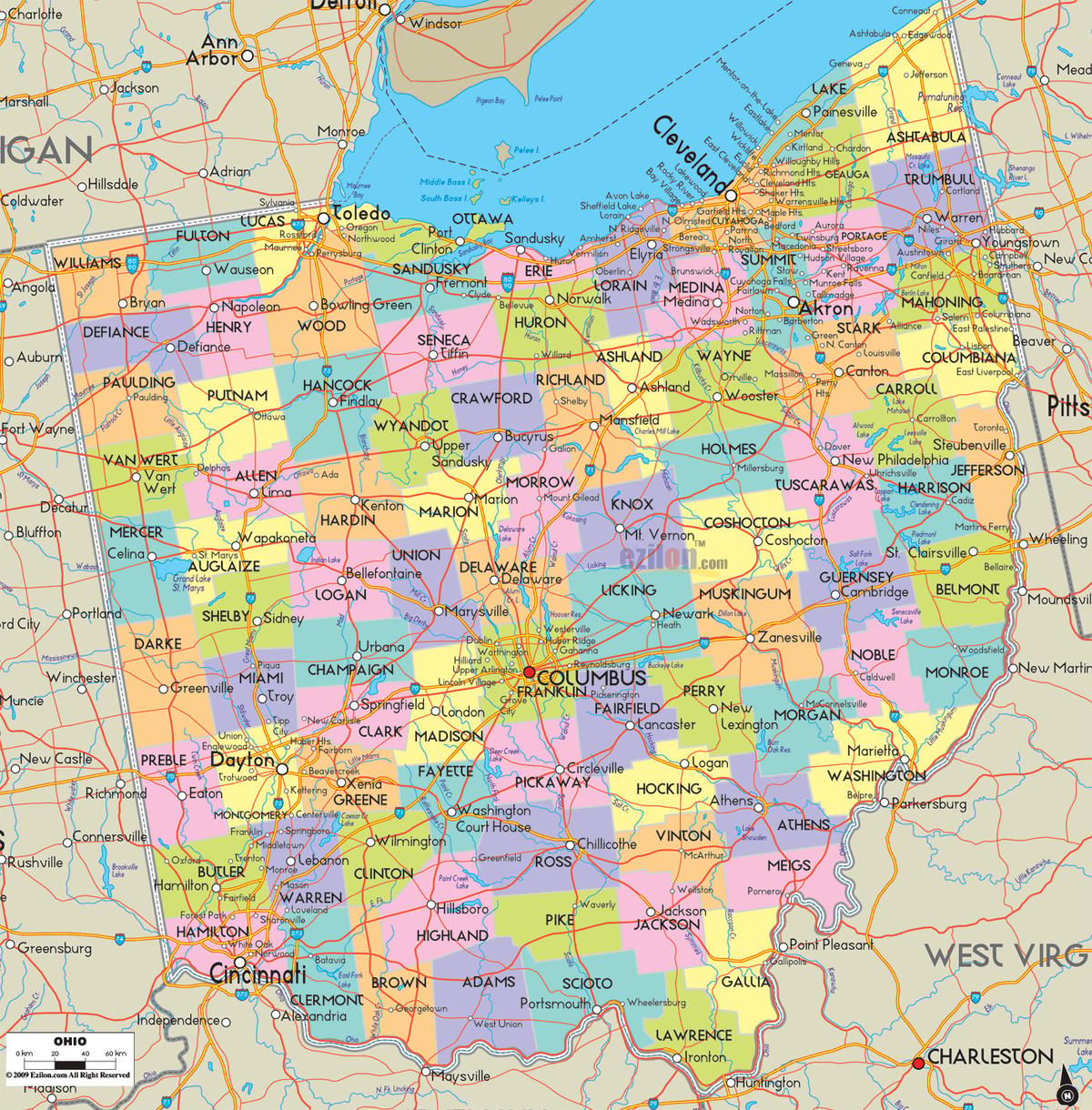 Detailed Large Map of Ohio State, USA Detailed large map of Ohio State, USA showing cities, towns, county formations, roads highway, US highways and State routes.