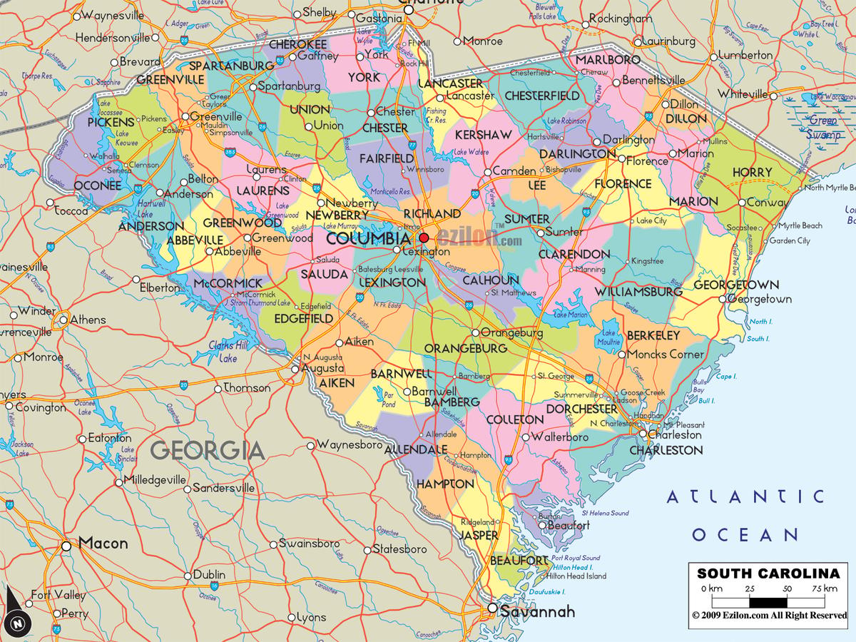 Detailed Large Map of South Carolina State, USA Detailed large map of South Carolina State, USA showing cities, towns, county formations, roads highway, US highways and State routes.
