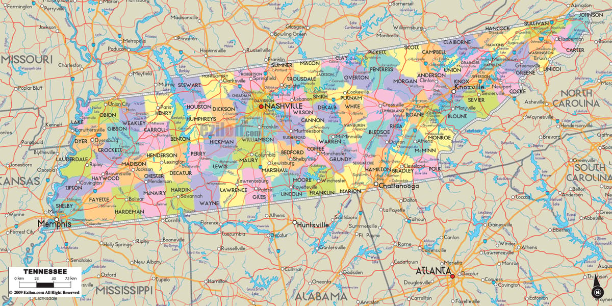 Detailed large map of Tennessee State, USA showing cities, towns, county formations, roads highway, US highways and State routes.