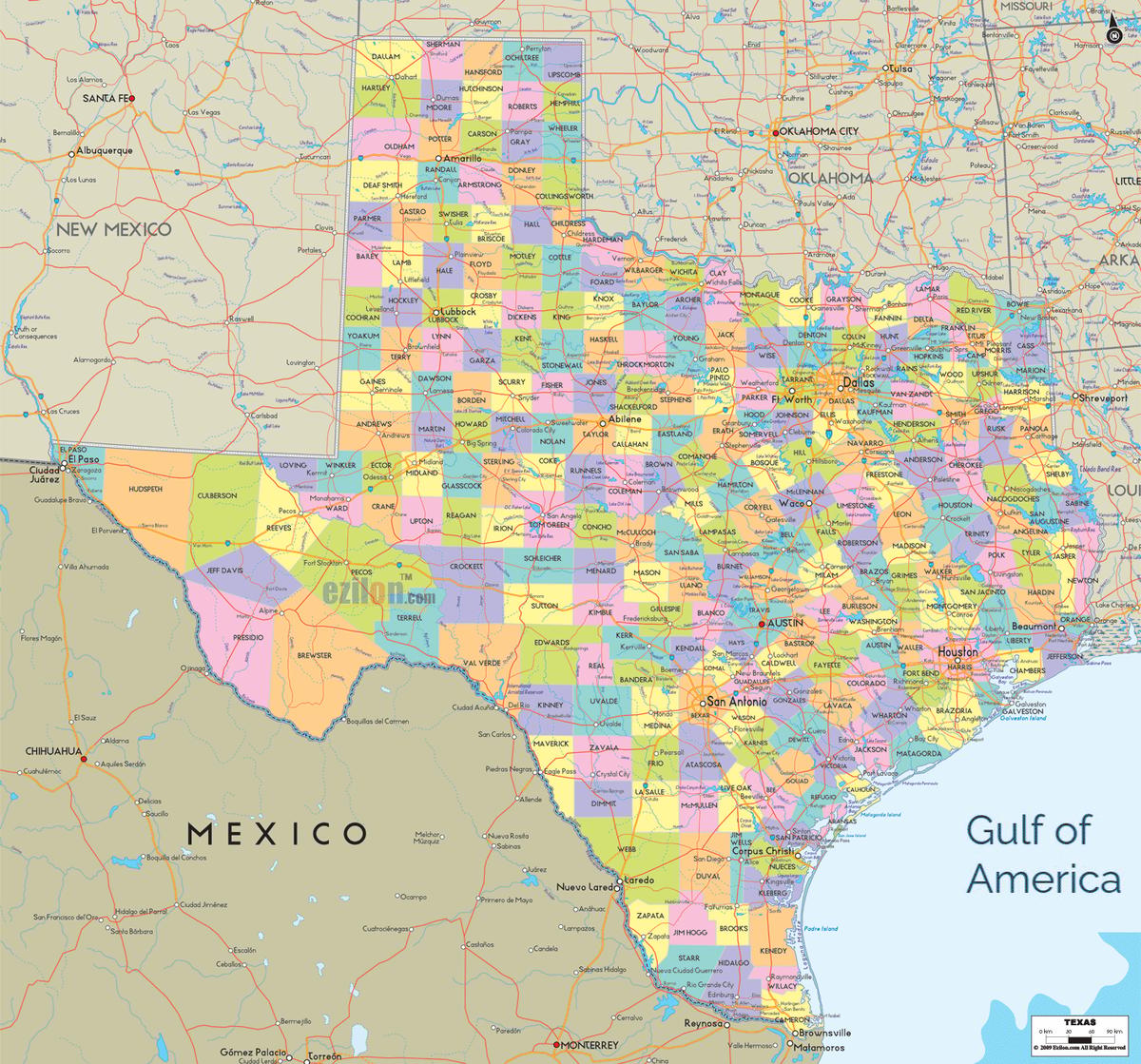 Detailed Large Map of Texas State, USA Detailed large map of Texas State, USA showing cities, towns, county formations, roads highway, US highways and State routes.