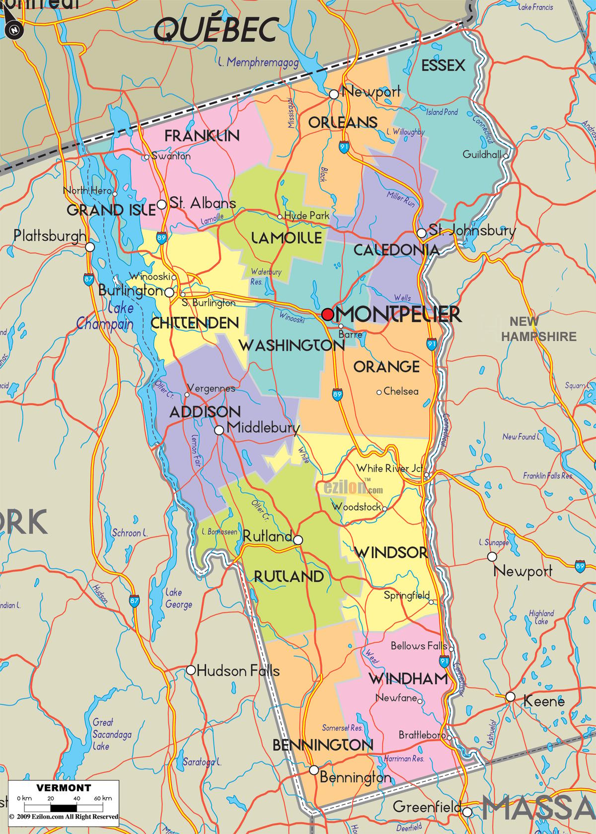 Detailed large map of Vermont State, USA showing cities, towns, county formations, roads highway, US highways and State routes.