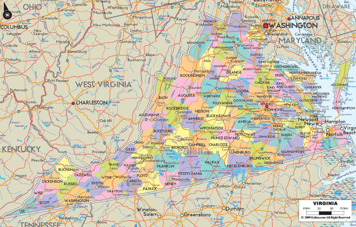 Detailed large map of Virginia State USA showing cities, towns, county formations, roads highway, US highways and State routes.