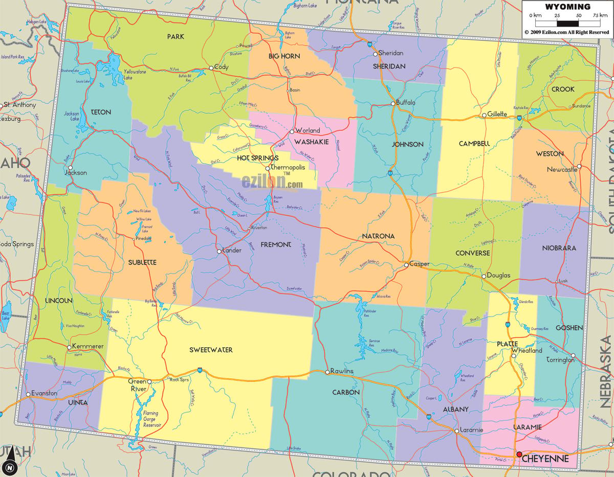 Detailed Large Map of Wyoming State, USA Detailed large map of Wyoming State, USA showing cities, towns, county formations, roads highway, US highways and State routes.