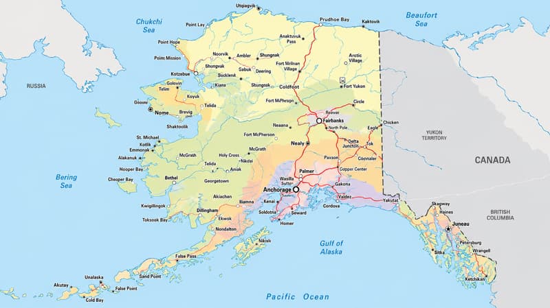 Detailed large map of Alaska State, USA showing cities, towns, boroughs, census areas, and a light highway network for orientation.