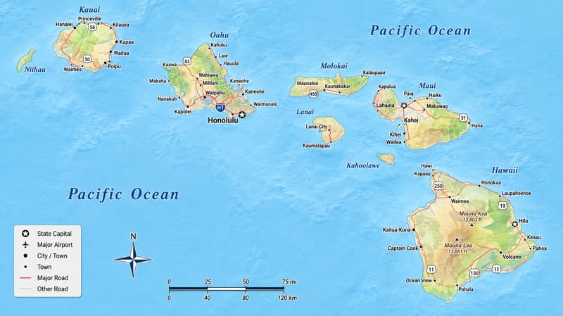 Detailed large map of Hawaii State, USA showing cities, towns, county formations, highways, and State routes.