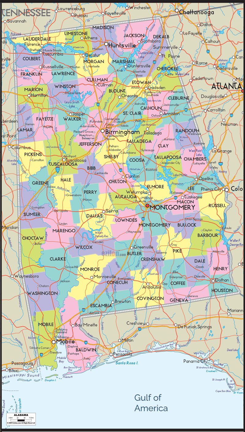 Detailed Large Map of Alabama State, USA Detailed large map of Alabama State, USA showing cities, towns, county formations, and a light highway network.