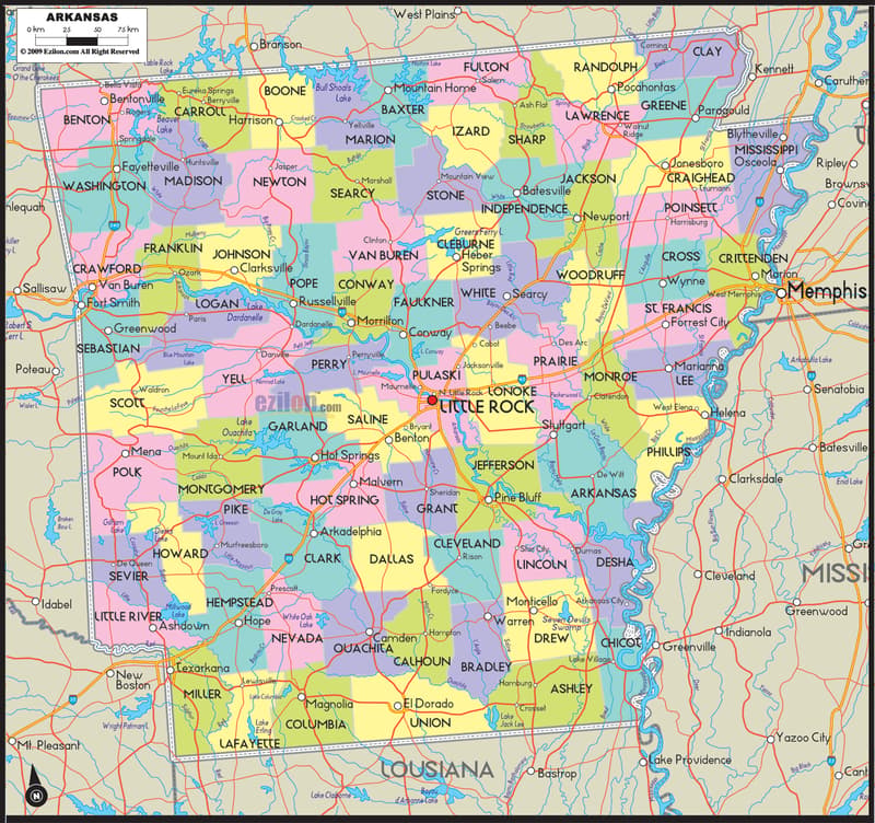 Detailed large map of Arkansas state showing cities, counties, towns Detailed large map of Arkansas State showing cities, counties, towns, state boundaries, roads highway, US highways and State routes.