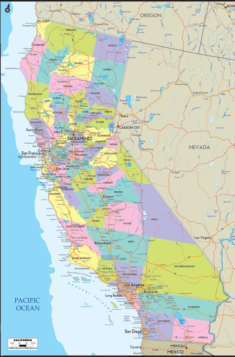 Detailed large map of California State showing cities, towns, counties, roads, US highways and State routes.
