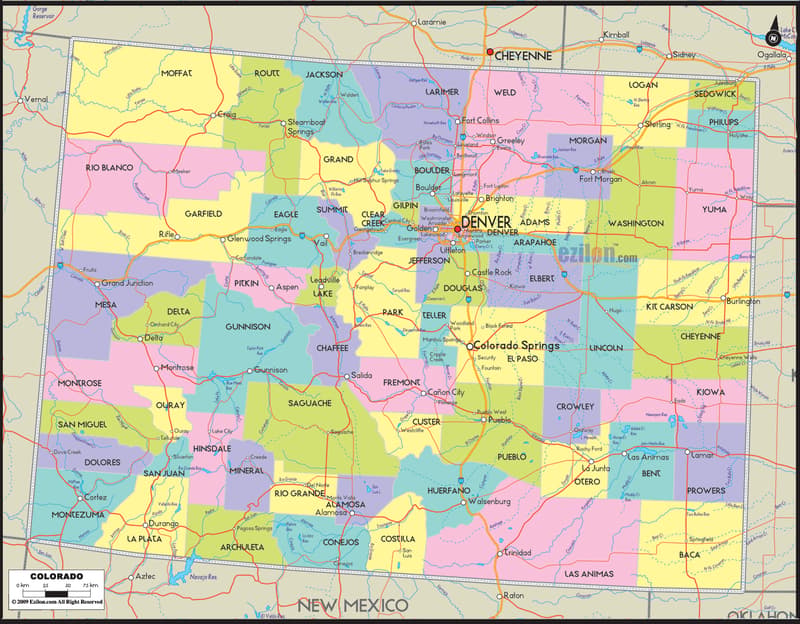 Detailed large map of Colorado State showing cities, towns, counties, roads, US highways and State routes.