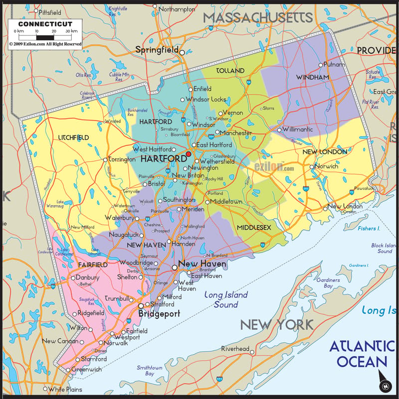 Detailed large map of Connecticut State showing cities, towns, county formations, roads highway, boundaries, US highways to other neighbouring states and State routes.