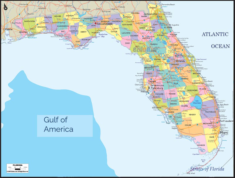 Detailed Large Map of Florida State USA Detailed large map of Florida State USA showing cities, towns, county formations, roads highway, US highways and State routes.