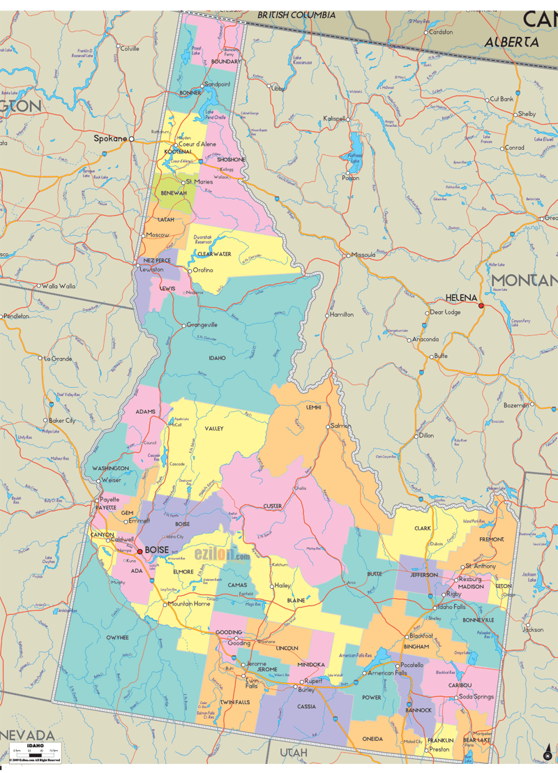 Detailed Large Map of Idaho State USA Detailed large map of Idaho State USA showing cities, towns, county formations, and a light roads layer for orientation.