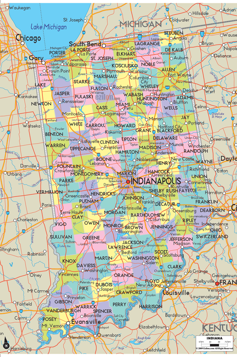 Detailed large map of Indiana State USA showing cities, towns, county formations, roads highway, US highways and State routes.
