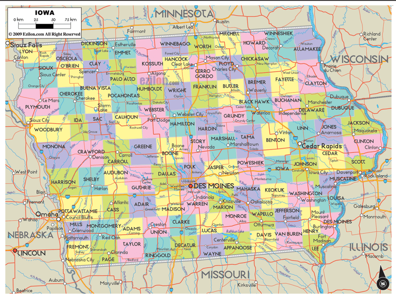 Detailed Large Map of Iowa State USA Detailed large map of Iowa State USA showing cities, towns, county formations, roads highway, US highways and State routes.