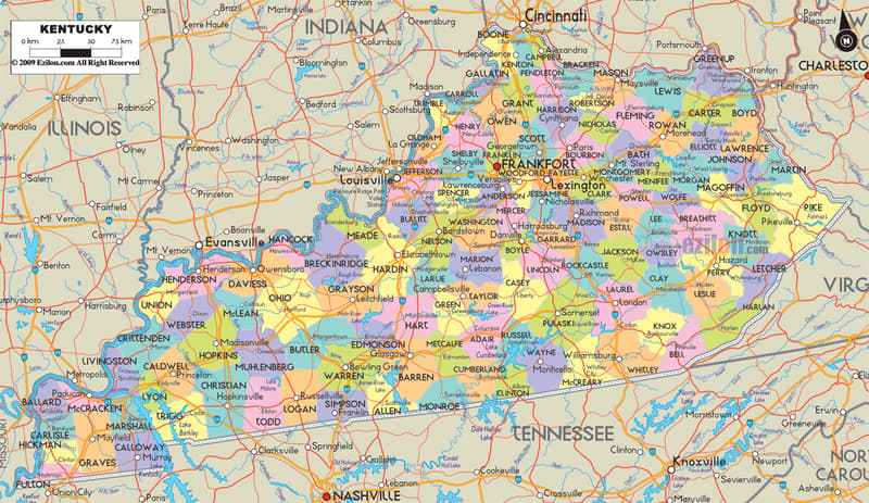 Detailed Large Map of Kentucky State, USA Detailed large map of Kentucky State, USA showing cities, towns, county formations, roads highway, US highways and State routes.