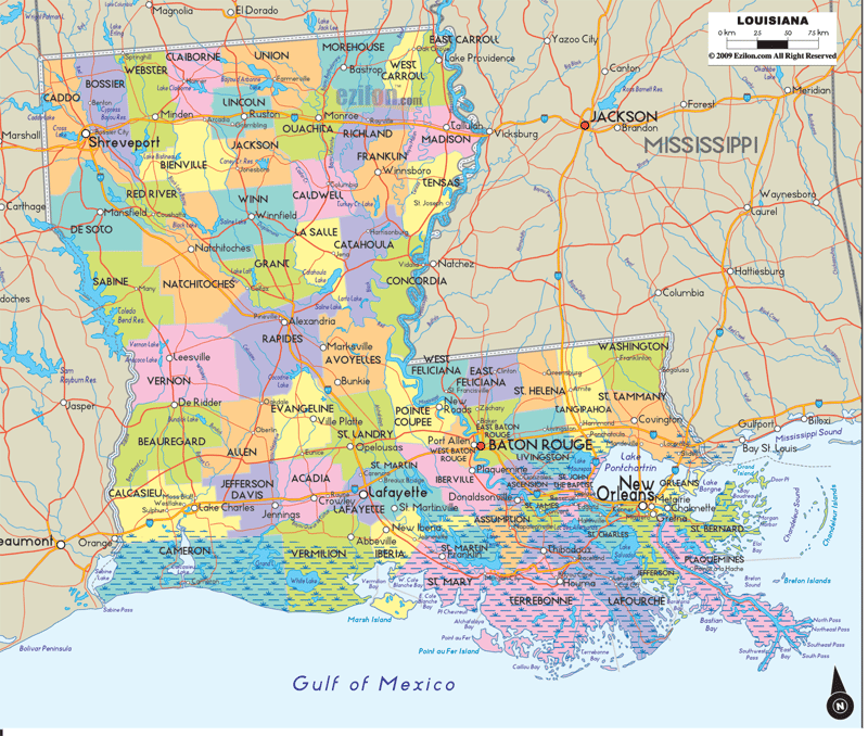 Detailed Large Map of Louisiana State, USA Detailed large map of Louisiana State, USA showing cities, towns, parish formations, roads highway, US highways and State routes.