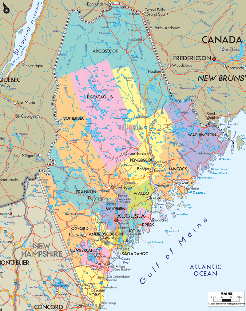 Detailed Large Map of Maine State, USA Detailed large map of Maine State, USA showing cities, towns, county formations, roads highway, US highways and State routes.