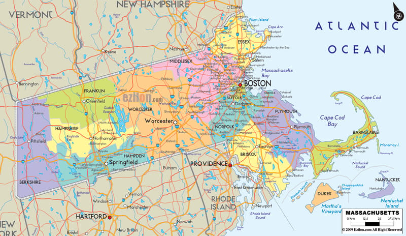Detailed Large Map of Massachusetts State, USA Detailed large map of Massachusetts State, USA showing cities, towns, county formations, roads highway, US highways and State routes.