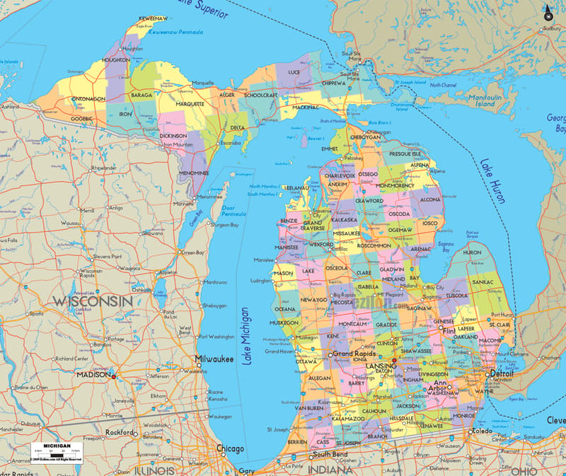 Detailed large map of Michigan State, USA showing cities, towns, county formations, roads highway, US highways and State routes.