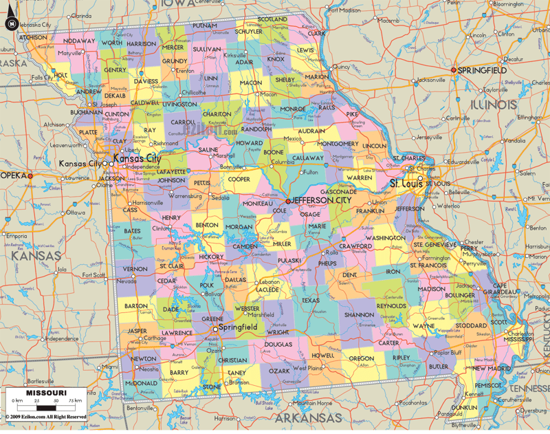 Detailed Large Map of Missouri State, USA Detailed large map of Missouri State, USA showing cities, towns, county formations, roads highway, US highways and State routes.