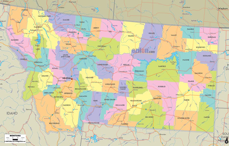 Detailed Large Map of Montana State, USA Detailed large map of Montana State, USA showing cities, towns, county formations, roads highway, US highways and State routes.