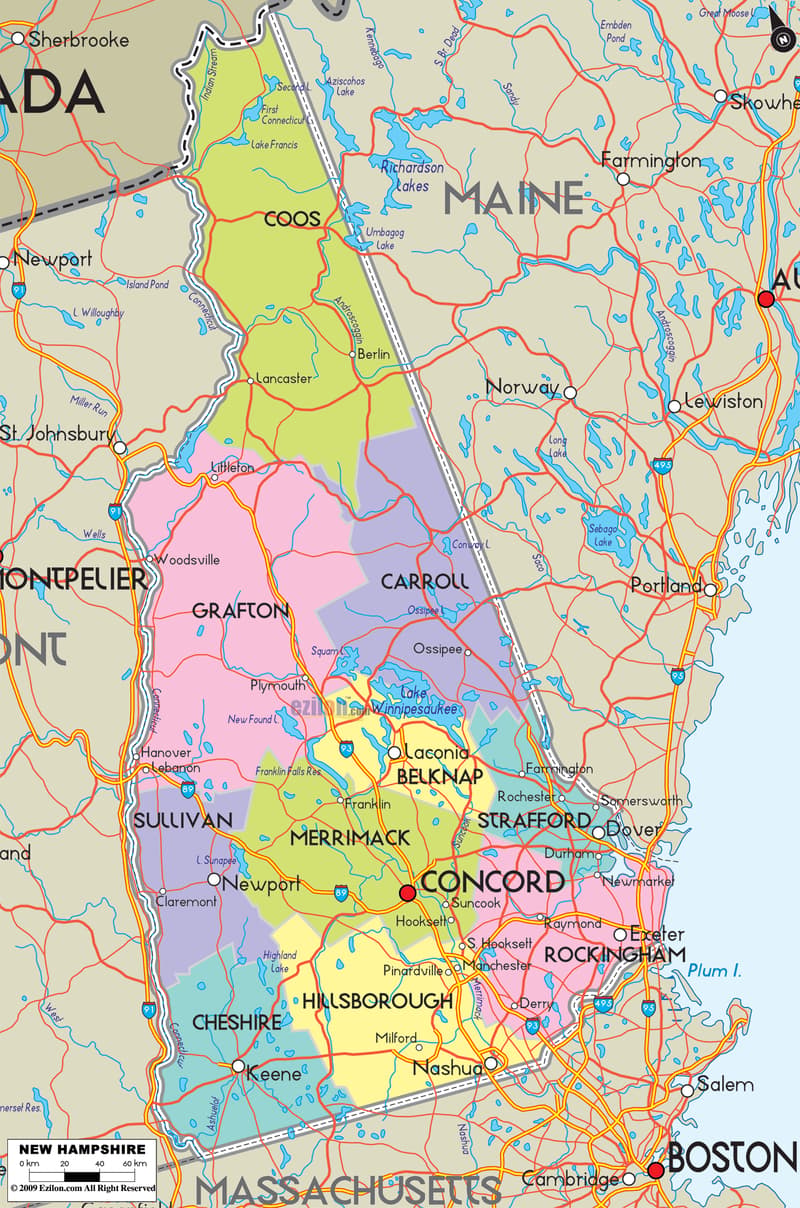 Detailed Large Map of New Hampshire State, USA Detailed large map of New Hampshire State, USA showing cities, towns, county formations, roads highway, US highways and State routes.