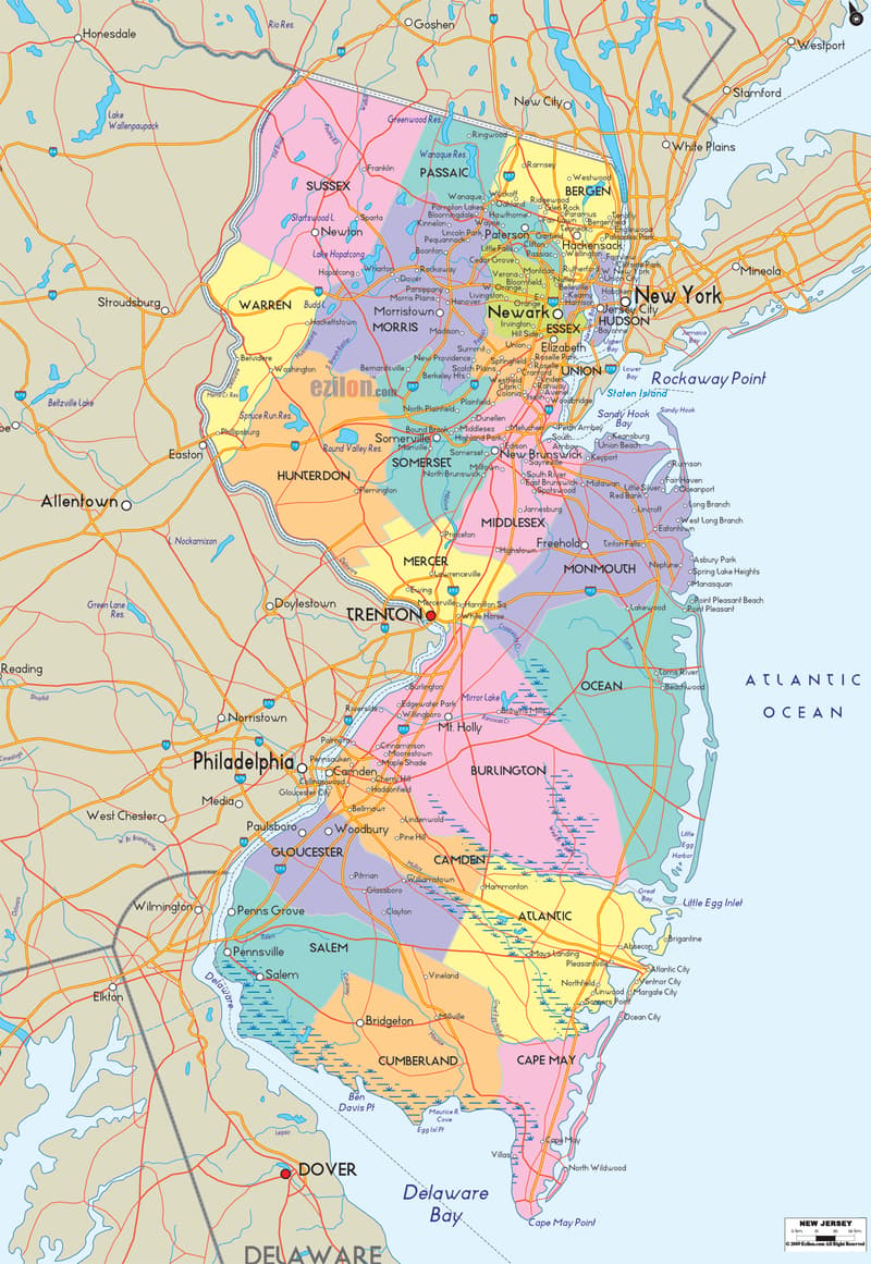 Detailed Large Map of New Jersey State, USA Detailed large map of New Jersey State, USA showing cities, towns, county formations, roads highway, US highways and State routes.