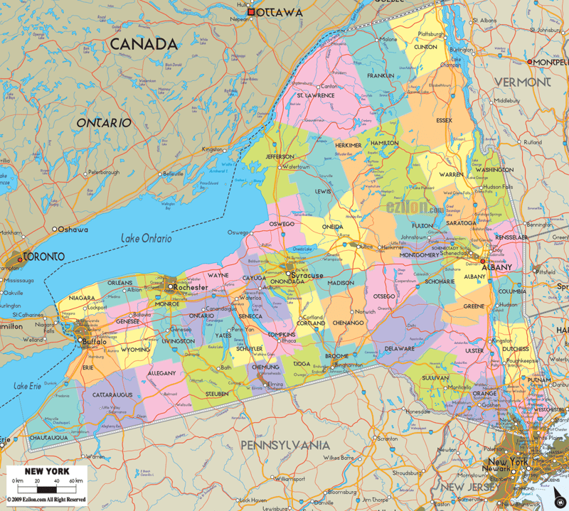 Detailed Large Map of New York State, USA Detailed large map of New York State, USA showing cities, towns, county formations, roads highway, US highways and State routes.