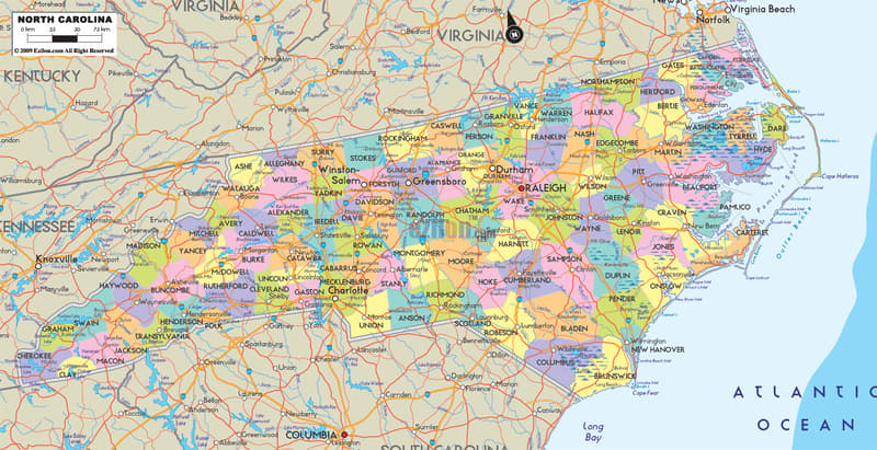 Detailed Large Map of North Carolina State, USA Detailed large map of North Carolina State, USA showing cities, towns, county formations, roads highway, US highways and State routes.