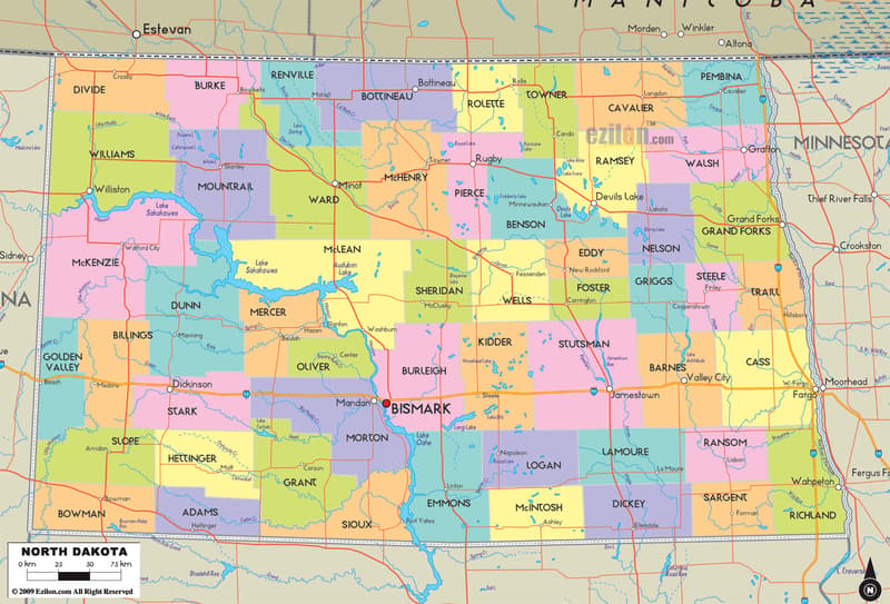 Detailed Large Map of North Dakota State, USA Detailed large map of North Dakota State, USA showing cities, towns, county formations, roads highway, US highways and State routes.