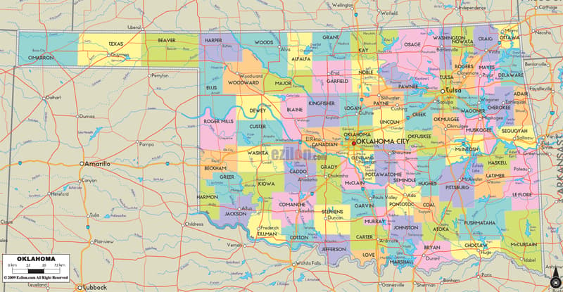 Detailed Large Map of Oklahoma State, USA Detailed large map of Oklahoma State, USA showing cities, towns, county formations, roads highway, US highways and State routes.
