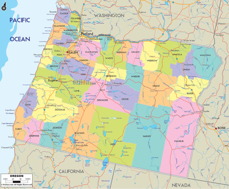 Detailed Large Map of Oregon State, USA Detailed large map of Oregon State, USA showing cities, towns, county formations, roads highway, US highways and State routes.