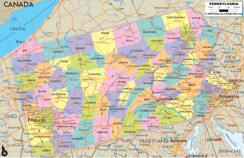 Detailed large map of Pennsylvania State, USA showing cities, towns, county formations, roads highway, US highways and State routes.