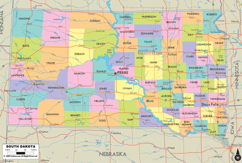Detailed Large Map of South Dakota State, USA Detailed large map of South Dakota State, USA showing cities, towns, county formations, roads highway, US highways and State routes.
