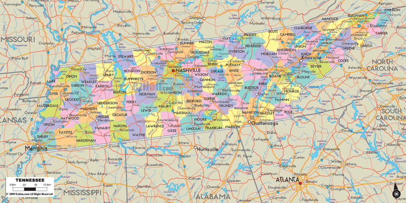 Detailed large map of Tennessee State, USA showing cities, towns, county formations, roads highway, US highways and State routes.