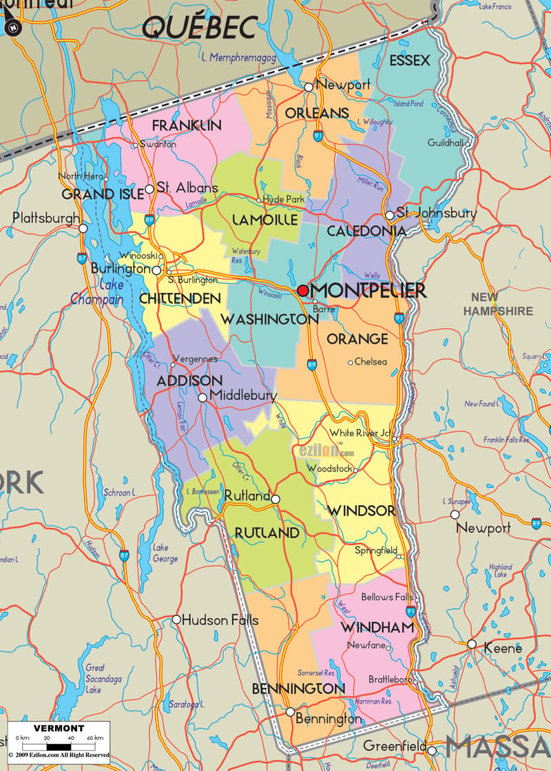 Detailed large map of Vermont State, USA showing cities, towns, county formations, roads highway, US highways and State routes.