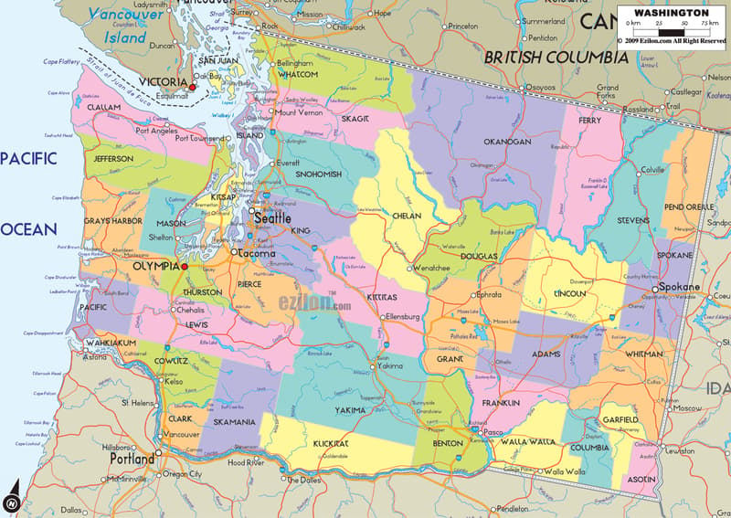 Detailed large map of Washington State, USA showing cities, towns, county formations, roads highway, US highways and State routes.