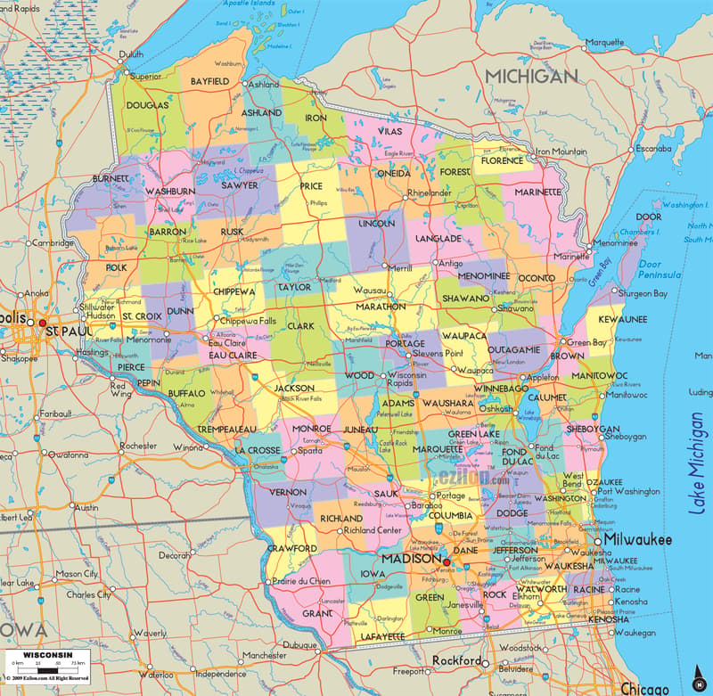 Detailed Large Map of Wisconsin State, USA Detailed large map of Wisconsin State, USA showing cities, towns, county formations, roads highway, US highways and State routes.