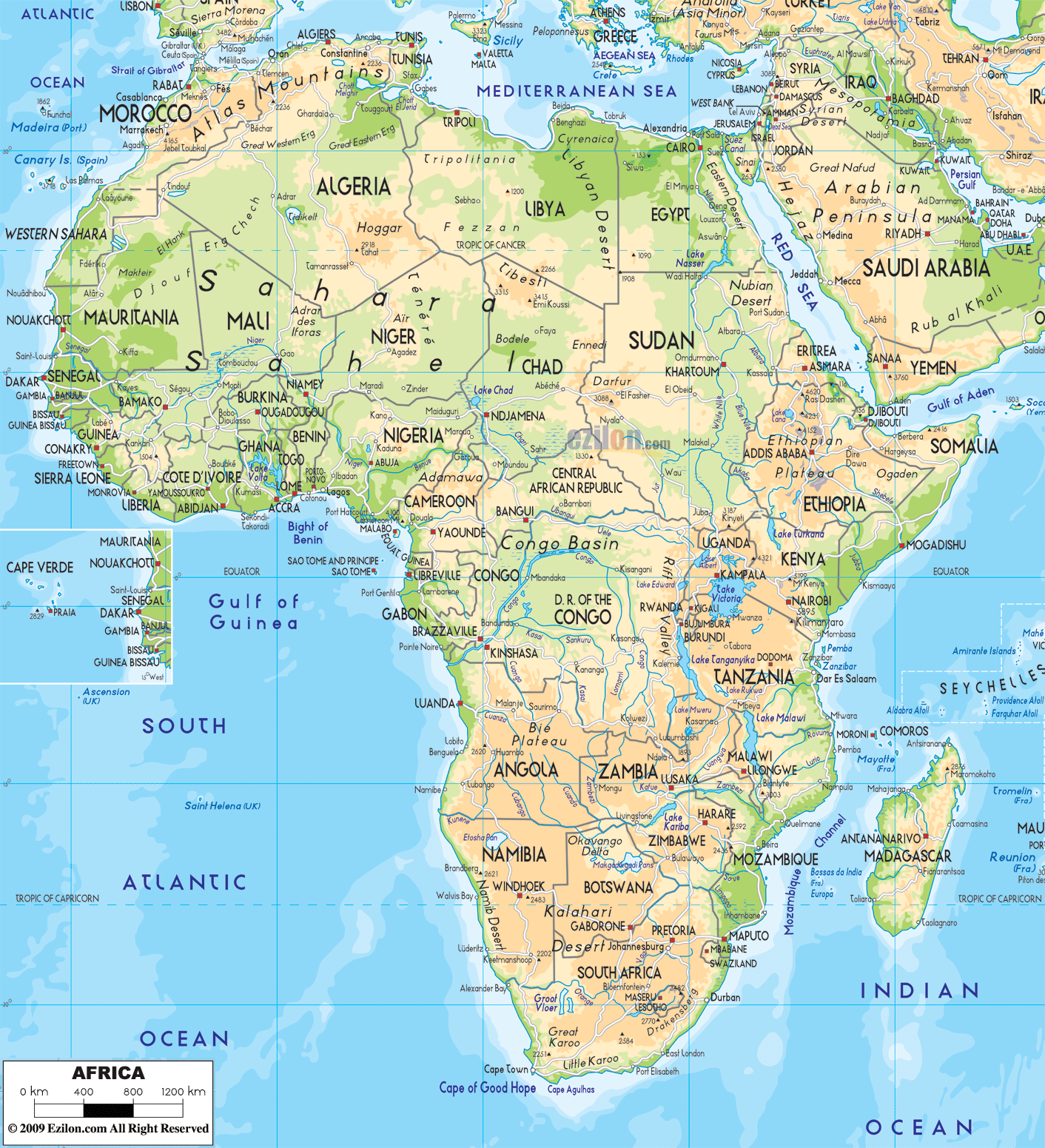 The Physical Map of Africa showing major geographical features like elevations, mountain ranges, deserts, seas, lakes, plateaus, peninsulas, rivers, plains, some regions with vegetations or forest, landforms and other topographic features.