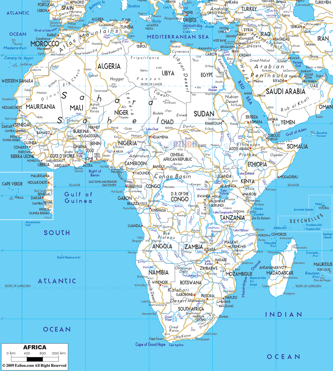 Detailed clear large road map of Africa with road routes from cities to towns, road intersections to provinces and perfectures.