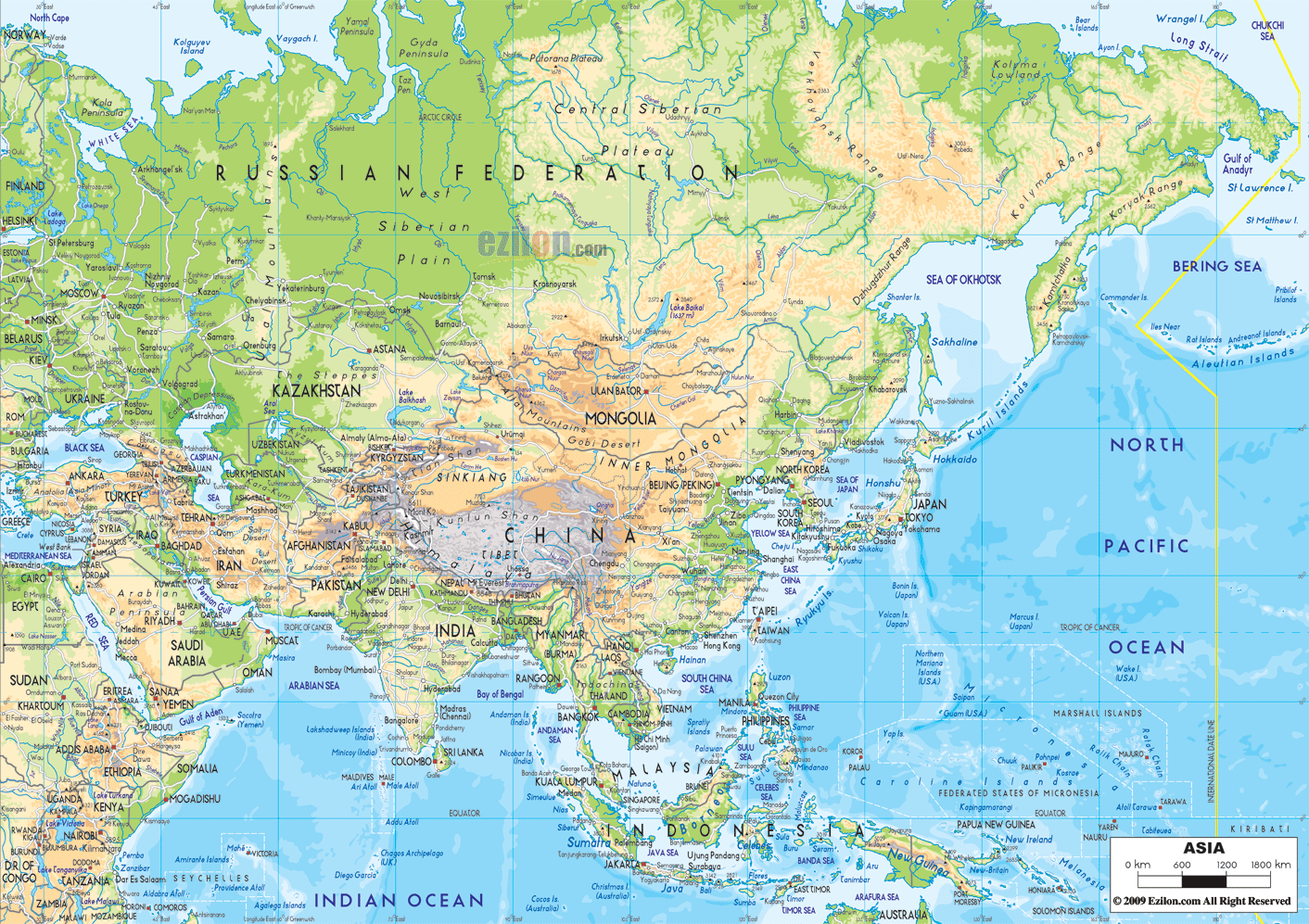 Physical Map of Asia showing major geographical features like elevations, mountain ranges, deserts, seas, lakes, plateaus, peninsulas, rivers, plains, landforms, areas with vegetations & other topographic features.