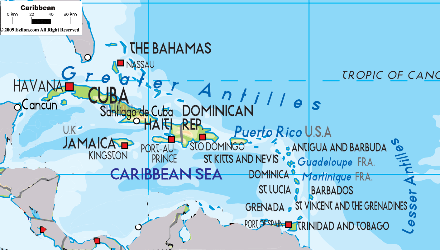 Physical Map of Caribbean - Ezilon Maps