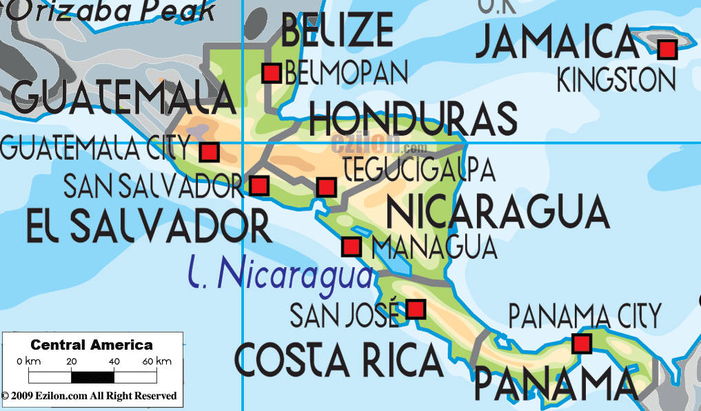 The Physical Map of Central America showing major geographical features like elevations, mountain ranges, deserts, seas, lakes, plateaus, peninsulas, rivers, plains, landforms and other topographic features.