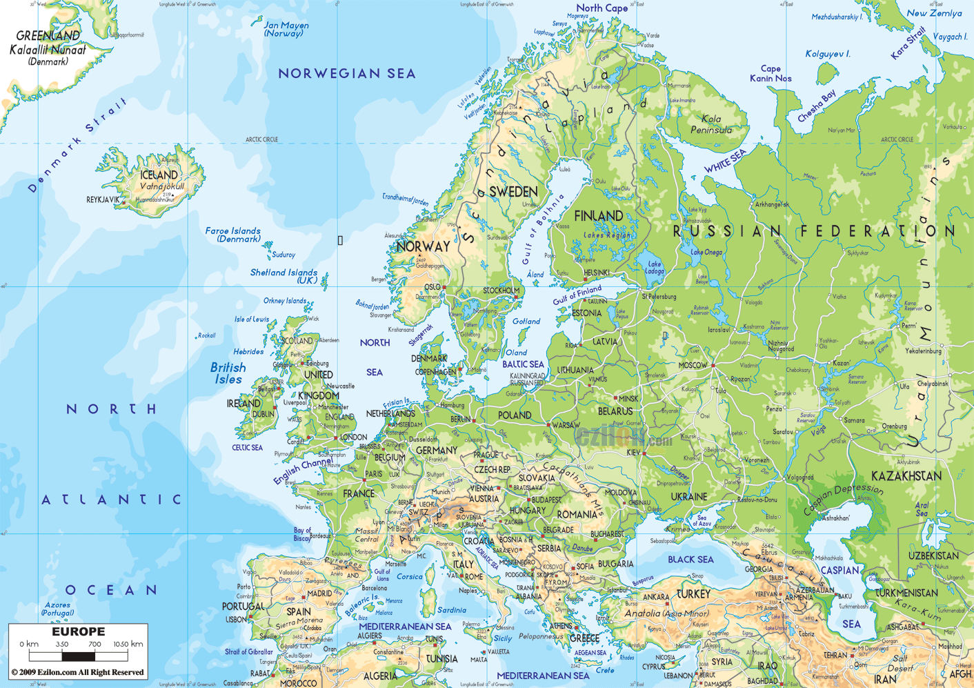 Physical Map of Europe - Ezilon Maps