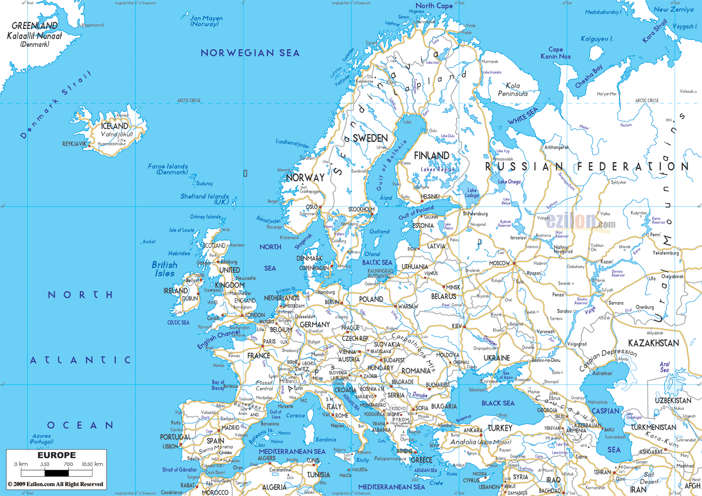 Detailed clear large road map of Europe with road routes from cities to towns, countries, road intersections to provinces and perfectures.