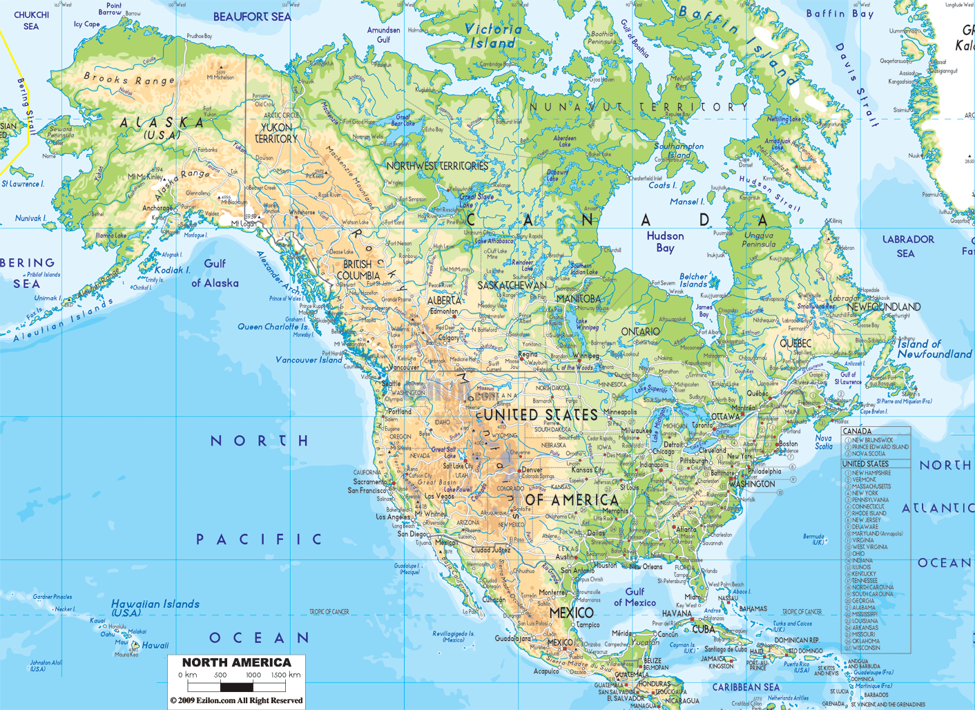 Physical Map of North America showing major geographical features like elevations, mountain ranges, deserts, seas, oceans, lakes, plateaus, peninsulas, rivers, plains, landforms and other topographic features.